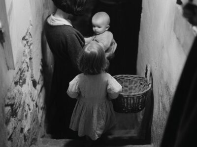 SMALL GIRLS GOING DOWN THE STAIRS -WAR TIME BRICKS