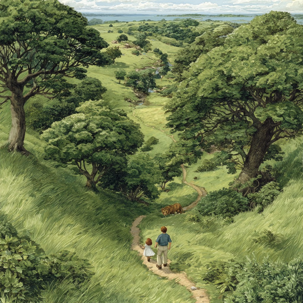 niki_make_a_dancer_walk_side_by_side_a_lion_in_a_wild_forest