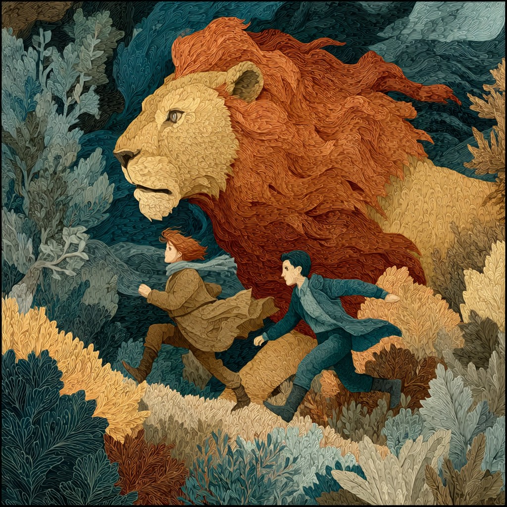 niki_make_a_dancer_walk_side_by_side_a_lion_in_a_wild_forest