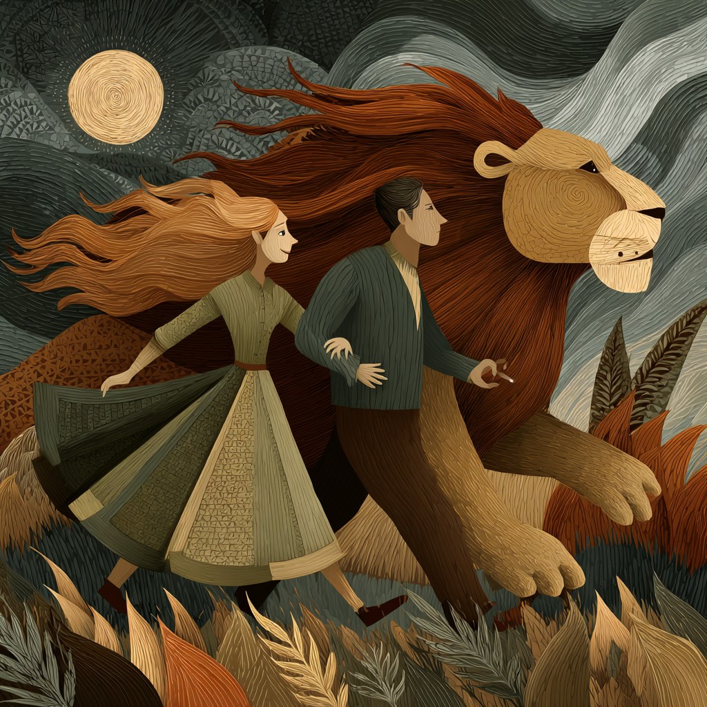 niki_make_a_dancer_walk_side_by_side_a_lion_in_a_wild_forest